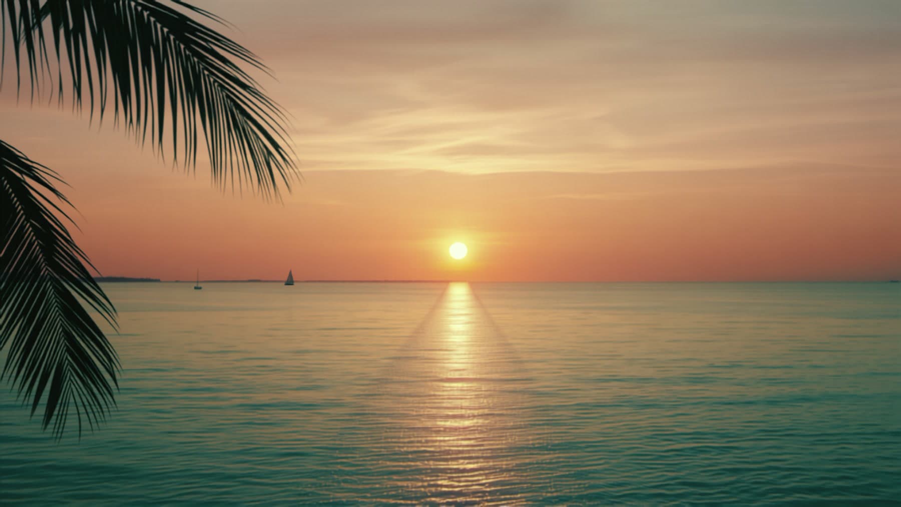 Sunset over calm Gulf Coast water with sailboats at anchor